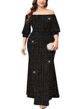 Black X-Large Plus Off Shoulder Sparkly Mermaid Maxi Dress for Formal Events